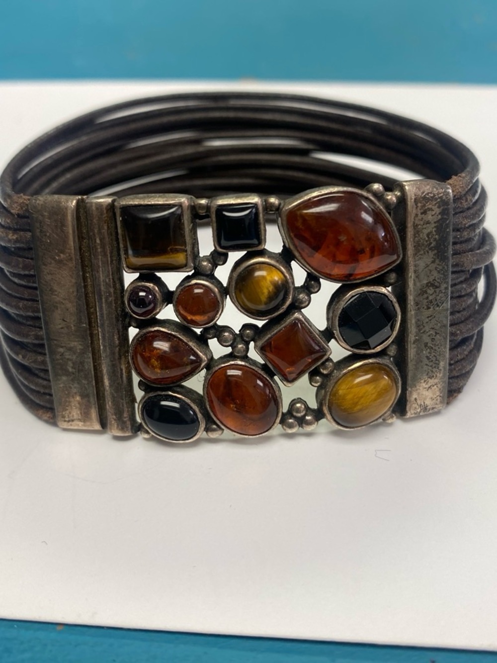 925 vintage  Multi-Stone Brown Leather & Metal Cuff Bracelet